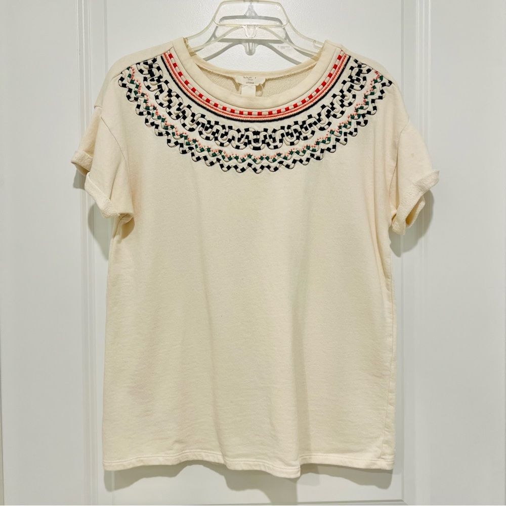 Loft Lounge Women's Terry Cloth Short Sleeve Top Embroidered/Beaded Collar Sz. S
